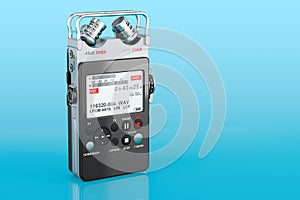 Modern digital voice recorder, dictaphone. 3D rendering on blue backdrop