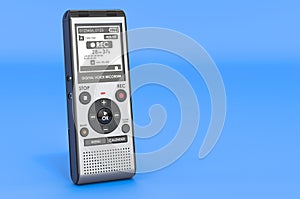 Modern digital voice recorder, dictaphone on blue backdrop, 3D rendering