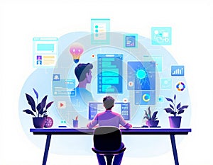 Modern Digital Workspace: A Person Working with Futuristic Interfaces and Data Visualizations