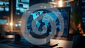 Global Network Data Visualization Modern Digital World Map Computer Screen Technology blue dark