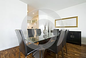 Modern dining area with large table