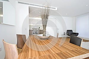 Modern dining area with wooden table