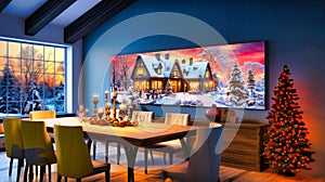 Modern dining with Christmas decor and snowy scene.Generative AI