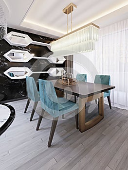Modern dining room with art deco dining table. Decorative black marble wall with white shelves and mirrors. Designer table and
