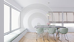 Modern dining room with comfy upholstered window seats, large window nook, roman blinds and sage green chairs