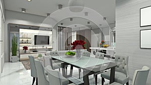 Modern Dining Room Design with Set Glass Table and Living Room with TV Cabinet