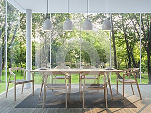 Modern dining room in the glass house 3d render image