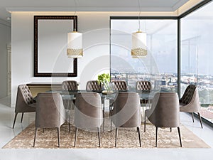 Modern dining room with hanging lamps on, there are chairs and table setup with fancy items on the marble floor