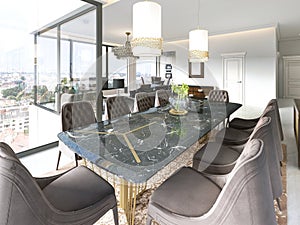 Modern dining room with hanging lamps on, there are chairs and table setup with fancy items on the marble floor