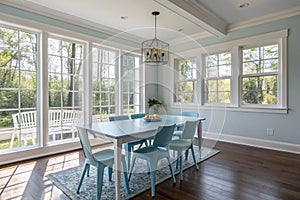 Modern dining room interior with blue table and chairs