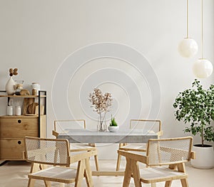 Modern dining room interior design with beige empty wall and minimal decor