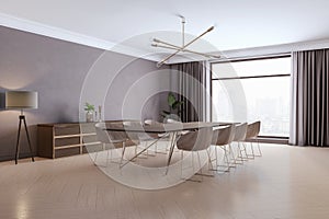 A modern dining room interior with a table and chairs, floor lamp, wooden floor, city view window, and elegant lighting. 3D