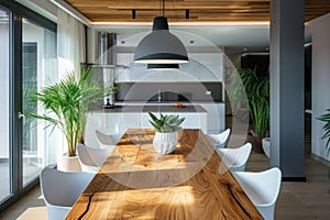 Modern Dining Room Interior with White Chairs and Wooden Table