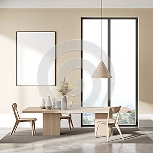 Modern dining room interior with wooden table and three chair