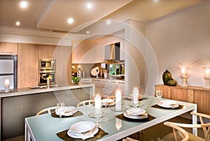 Modern dining room and the kitchen