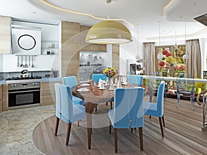 Modern dining room with kitchen in a trendy style kitsch.