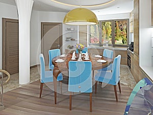 Modern dining room with kitchen in a trendy style kitsch.