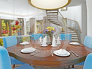 Modern dining room with kitchen in a trendy style kitsch.