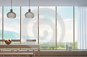 Modern dining room with mountain view 3d rendering Image