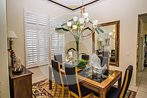 Modern Dining Room With Wood & Glass Table & Six Highback Chairs