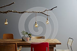Modern dinner table variety of chairs urban design tree lamp