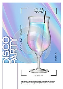 Modern disco cocktail party poster with holographic fluid background.