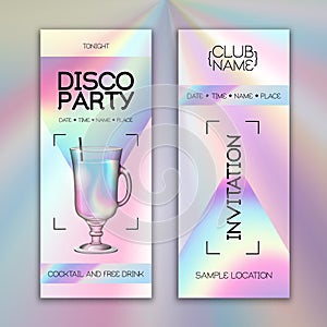 Modern disco cocktail party poster with holographic fluid background. Invitation design.