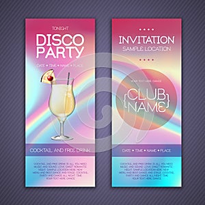 Modern disco cocktail party poster with holographic fluid background. Invitation design.