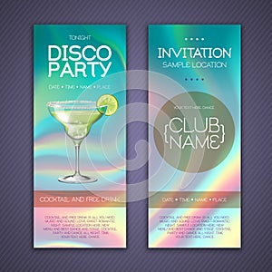 Modern disco cocktail party poster with holographic fluid background. Invitation design.