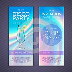 Modern disco cocktail party poster with holographic fluid background. Invitation design.