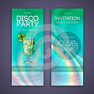 Modern disco cocktail party poster with holographic fluid background. Invitation design.