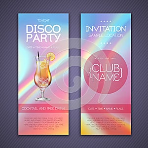 Modern disco cocktail party poster with holographic fluid background. Invitation design.