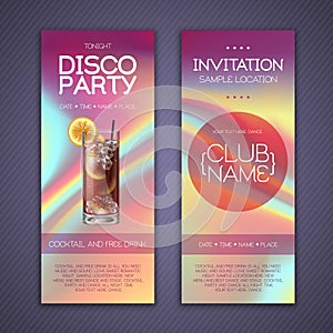 Modern disco cocktail party poster with holographic fluid background. Invitation design.