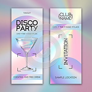 Modern disco cocktail party poster with holographic fluid background. Invitation design.