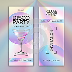 Modern disco cocktail party poster with holographic fluid background. Invitation design.