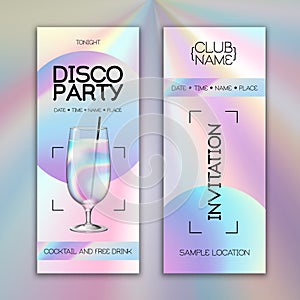 Modern disco cocktail party poster with holographic fluid background. Invitation design.