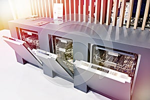 Modern dishwashers on display at store