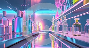 Modern Display of Bottles on Glossy Shelves in Neon Lighting