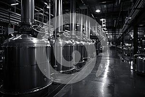 Modern distillery interior with rows of clean stainless steel vats and pipes