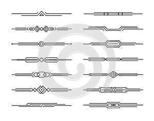 Modern dividers vector set of geometric lines for page decor, art border and frame design, black stripes collection on