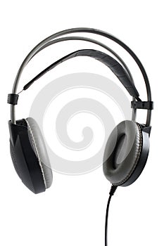 Modern dj device. Wireless black headphones 3/4 view isolated on white background