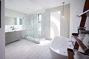 Modern domestic bathroom with shower cabin and freestanding bath, sunlight, no people photo