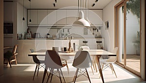 Modern domestic kitchen design with elegant wood table and chairs generated by AI