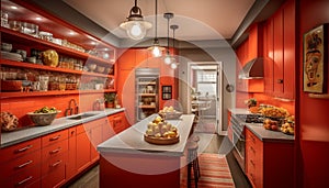 Modern domestic kitchen design with wood cabinet, stainless steel appliances, and fresh fruit generated by AI