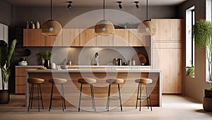 Modern domestic kitchen elegant design, comfortable and clean with simplicity generated by AI