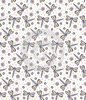 Modern Doodle Daisy Dragonfly Seamless Pattern. Hand Drawn Scribble Flower Repeat. Kawaii Dot Blossom Background. For Spring and