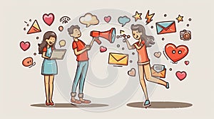 Modern doodle illustration of man with laptop, woman with megaphone, email, magnet, and heart symbols of social media