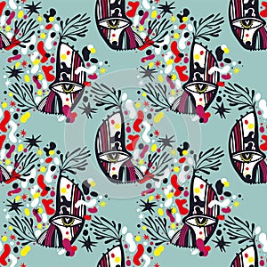 Modern doodle psychedelic fashion eyes seamless pattern in hippie or Memphis style