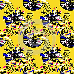 Modern doodle psychedelic fashion eyes seamless pattern in hippie or Memphis style