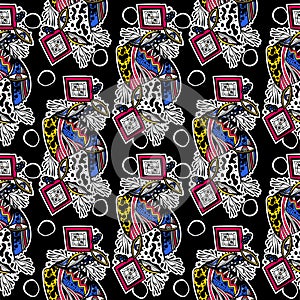 Modern doodle psychedelic fashion eyes seamless pattern in hippie or Memphis style